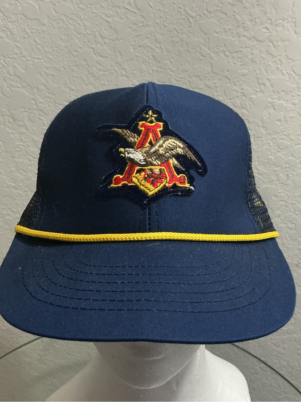 Vintage Anheuser Busch Eagle Logo Trucker Hat Rope Snapback Made in USA Navy